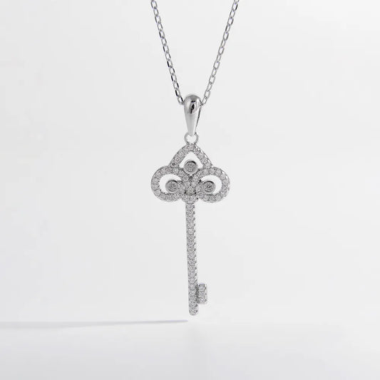 925 Sterling Silver Inlaid Zircon Key Shape Necklace - Roe Creation