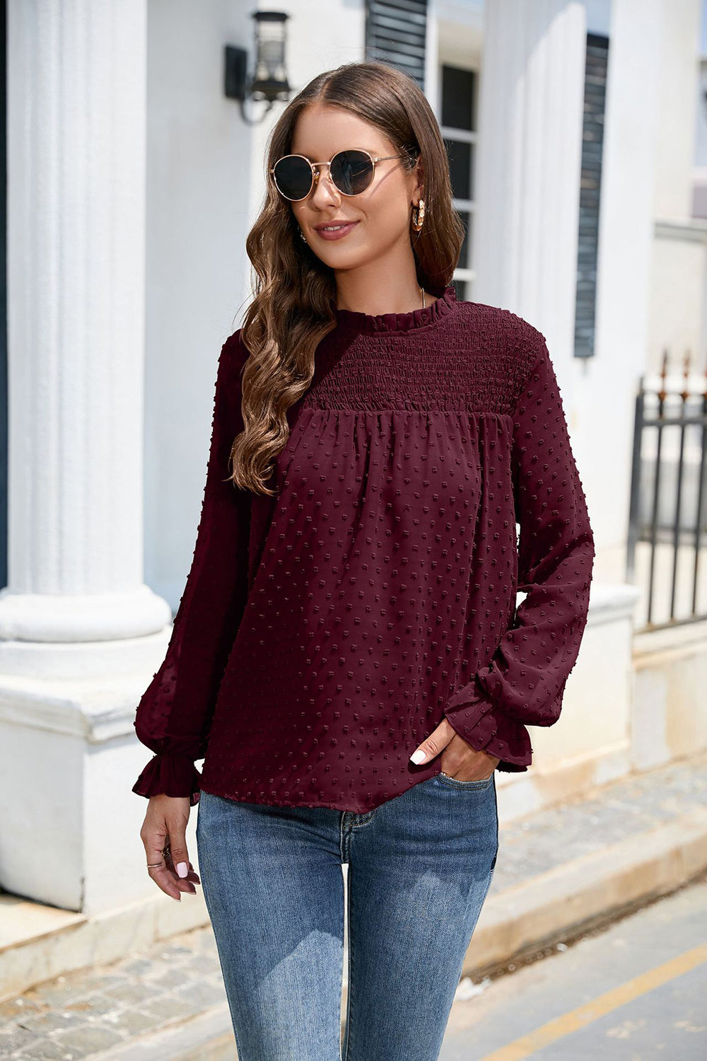 Smocked Swiss Dot Mock Neck Top – Elegant Sheer Blouse for Women - Roe Creation