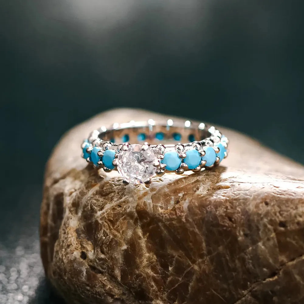 Inlaid Artificial Turquoise Zircon 925 Sterling Silver Ring - Roe Creation
