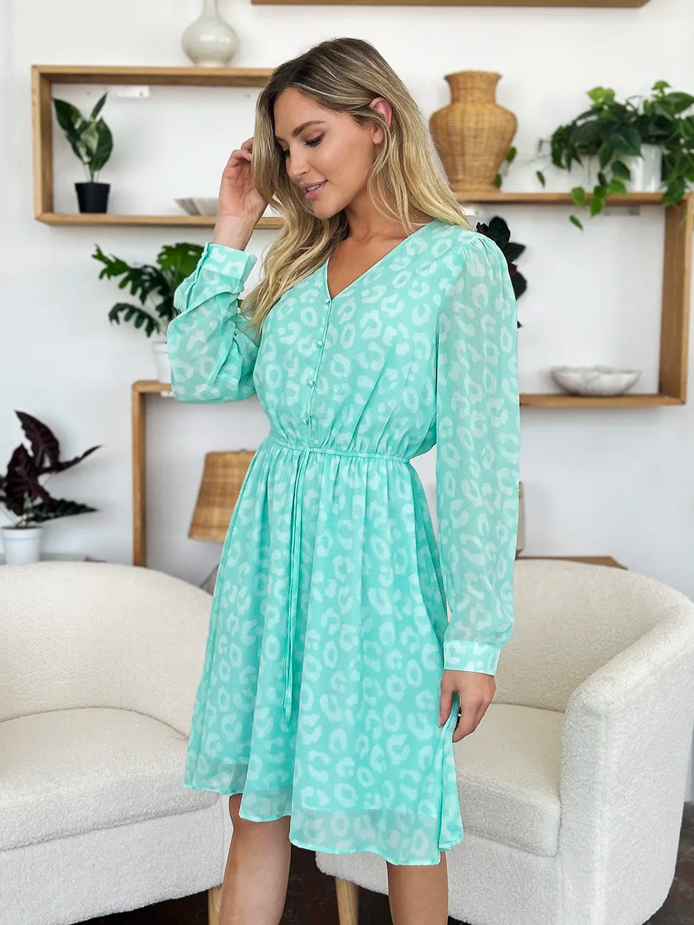 Double Take Full Size Printed Ruched V-Neck Long Sleeve Dress - Roe Creation