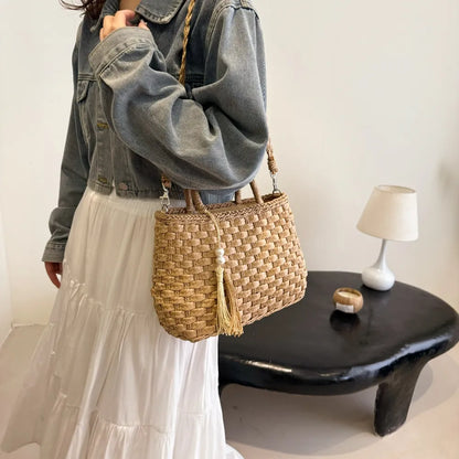 Braided Strap Paper Weave Shoulder Bag - Roe Creation