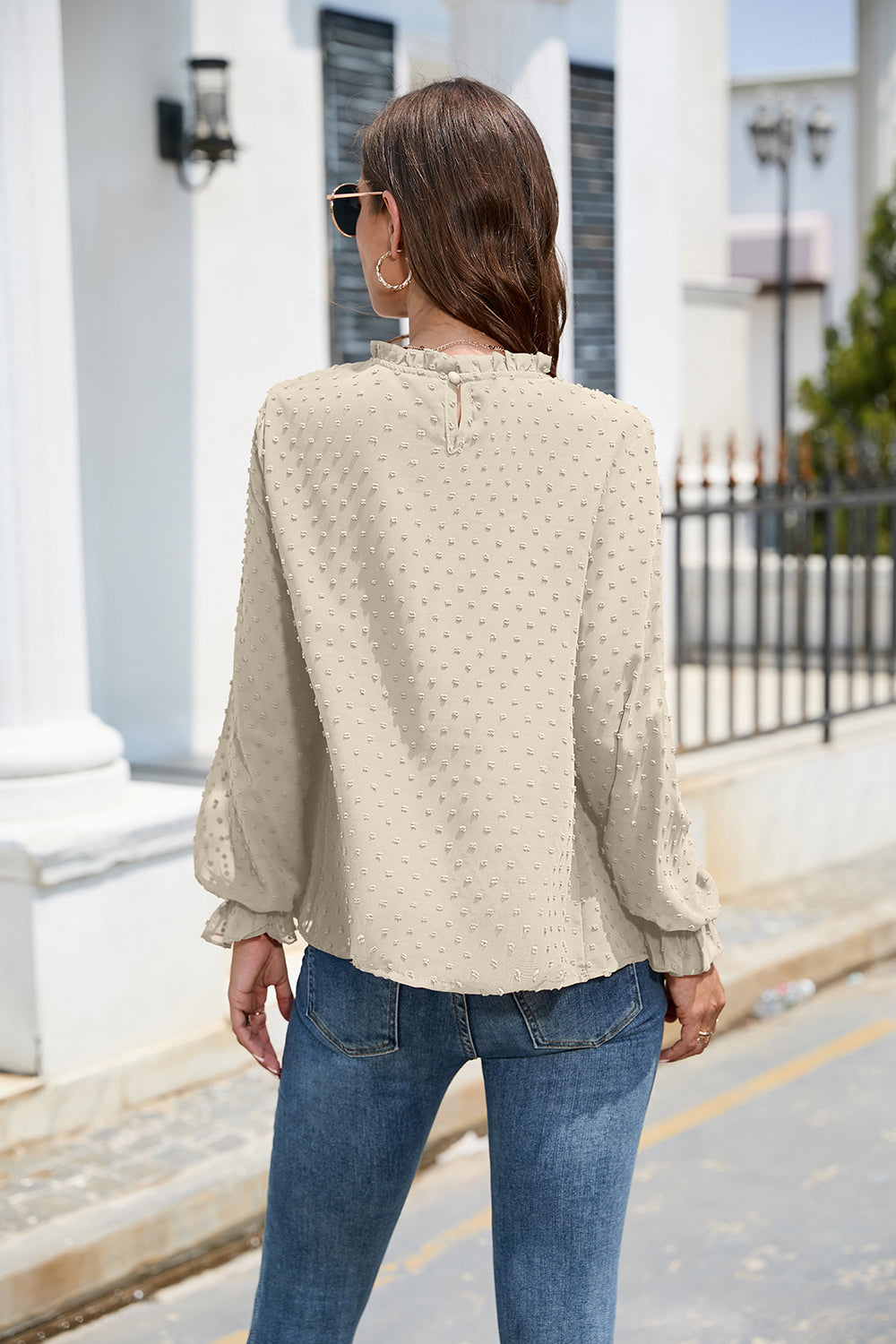 Smocked Swiss Dot Mock Neck Top – Elegant Sheer Blouse for Women - Roe Creation
